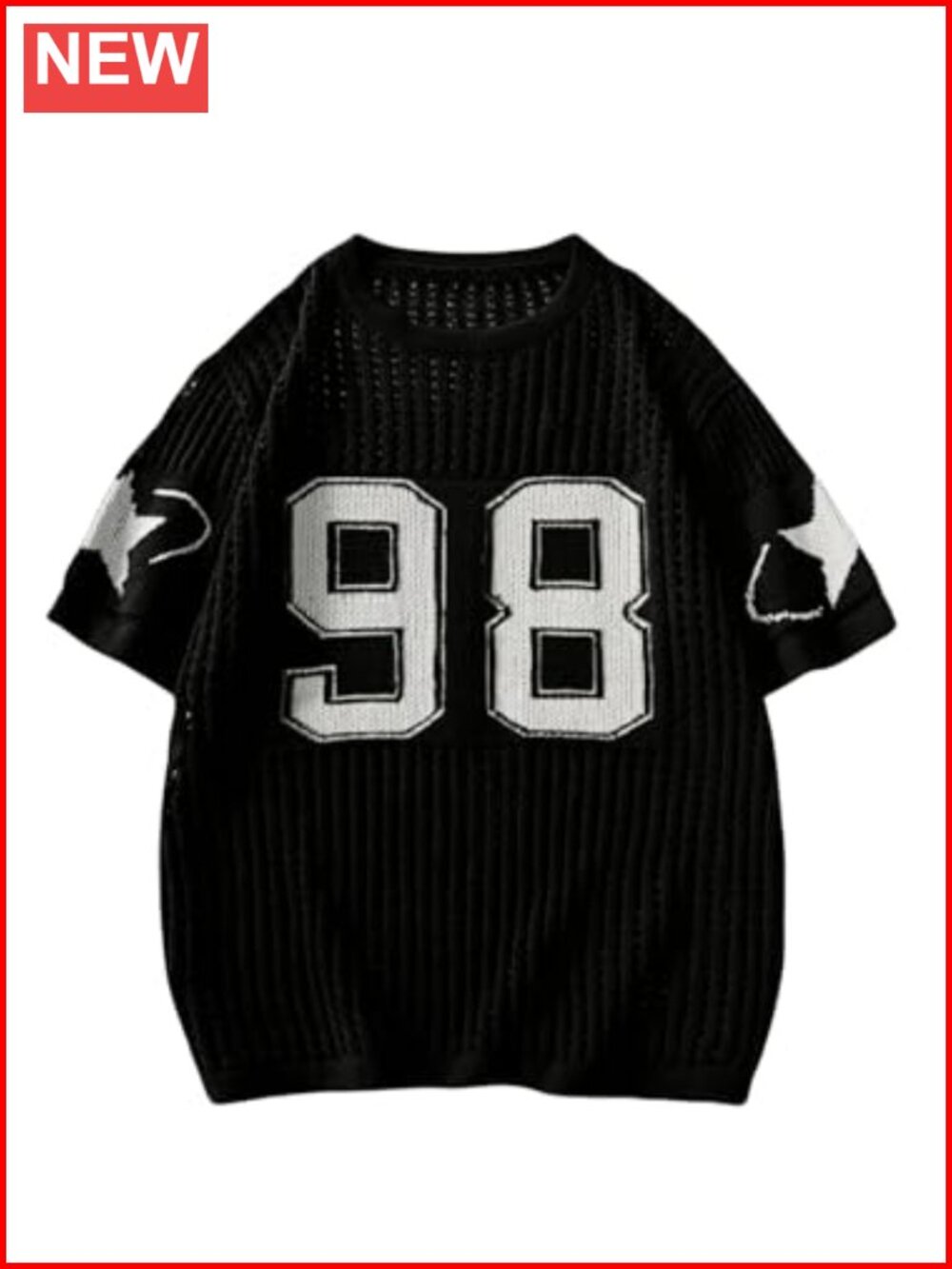 Womens Oversized Y2K Jersey Tee Crochet Hollow Out Short Sleeve Knit T-Shirt